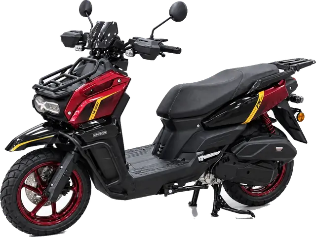 Moto Unison TK200T 200 cc roja y negra con parrillas delante y detrás